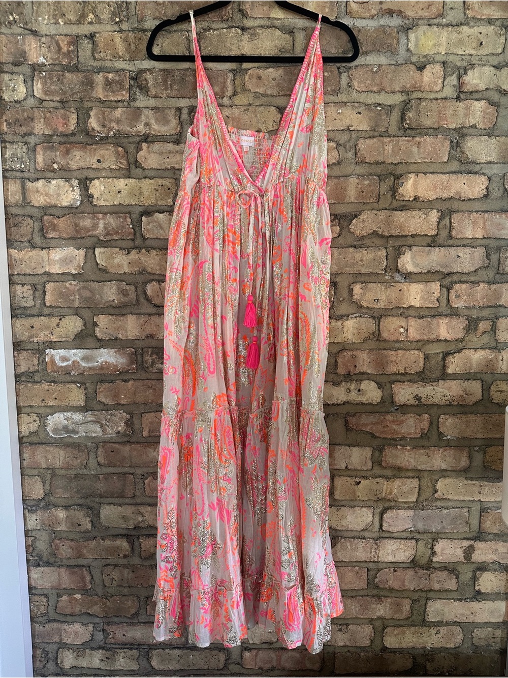 Ranees Tassel Cotton Maxi Sundress with Neon Pink Paisley Print